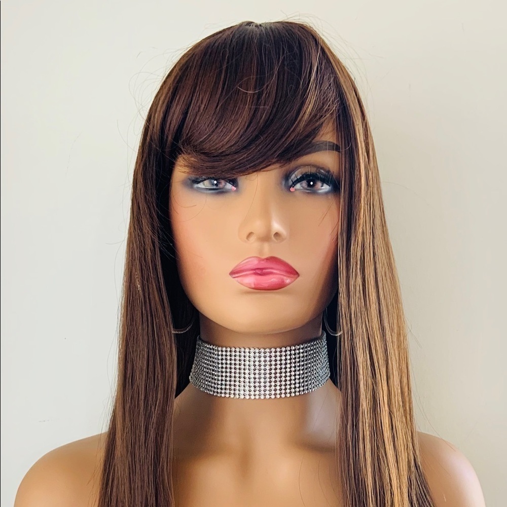 A Beautiful Long Brown Sugar Color Synthetic Wig with Bangs - “Put On & Go”